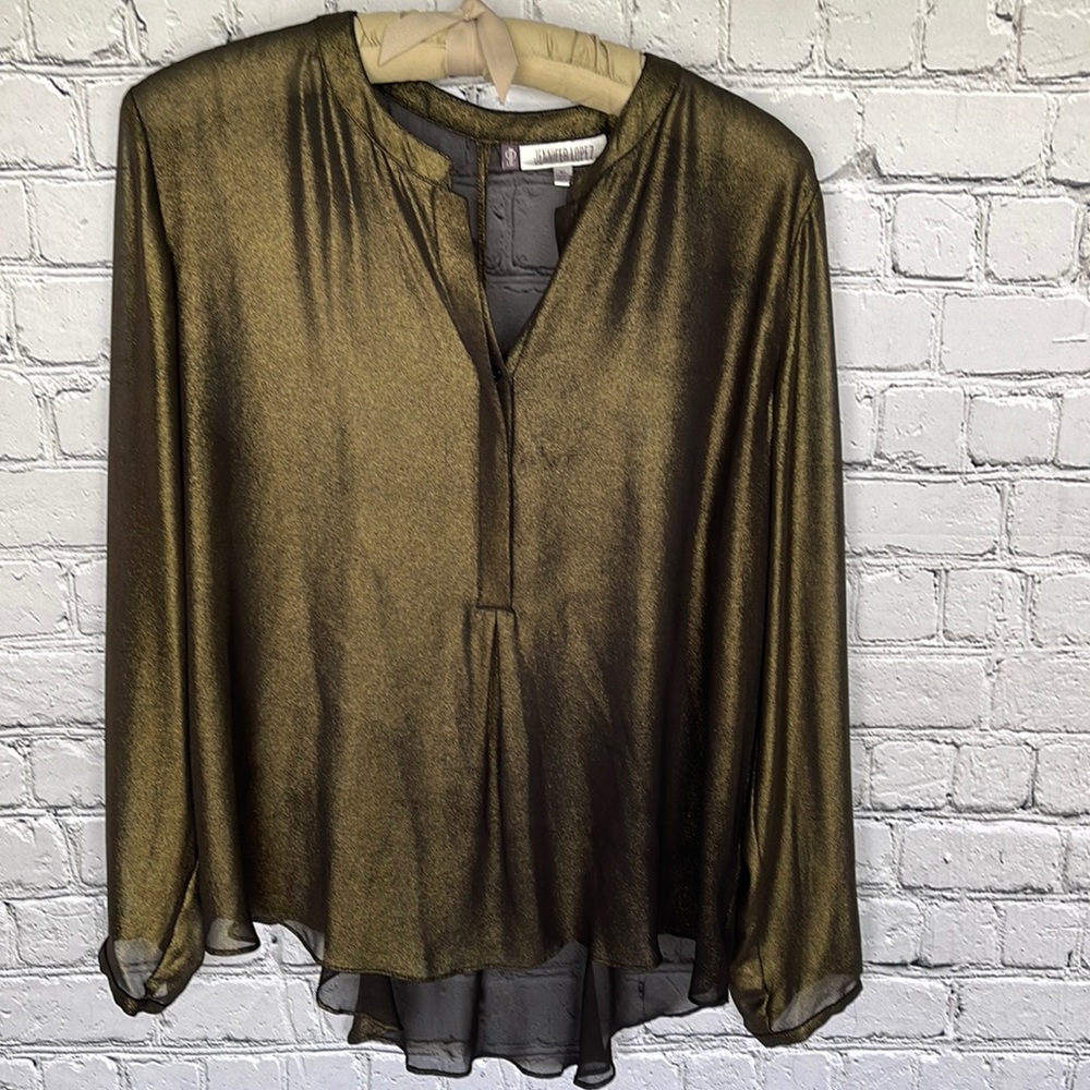 Jennifer Lopez Blouse Sparkly Sheer Hi/Low blouse gold/black size XL